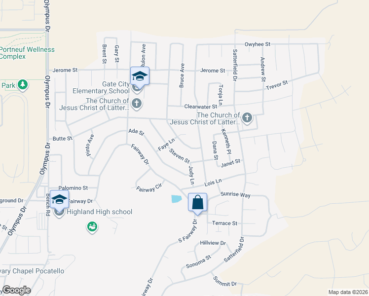 map of restaurants, bars, coffee shops, grocery stores, and more near 2049 Douglas Street in Pocatello