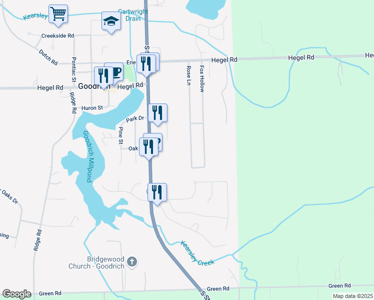 map of restaurants, bars, coffee shops, grocery stores, and more near 8172 Rose Lane in Goodrich