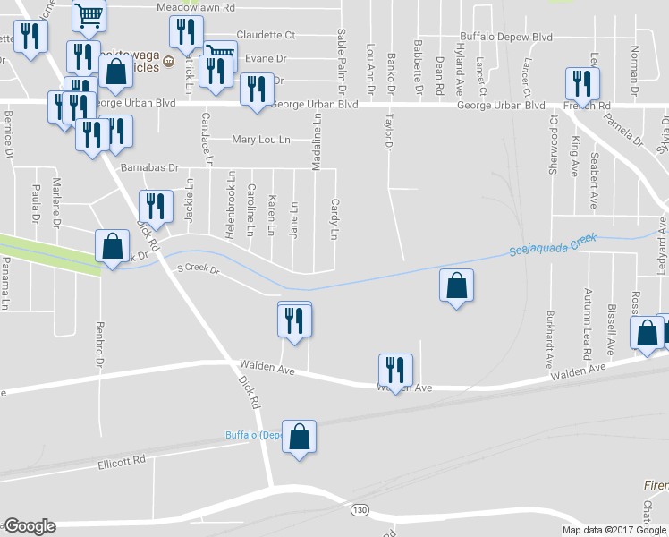 map of restaurants, bars, coffee shops, grocery stores, and more near 6 Cardy Lane in Depew