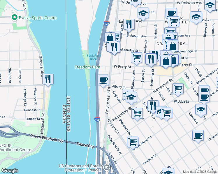 map of restaurants, bars, coffee shops, grocery stores, and more near Niagara St & Fargo Ave in Buffalo