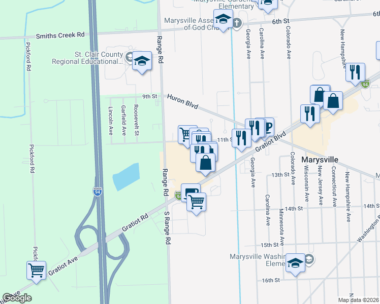map of restaurants, bars, coffee shops, grocery stores, and more near 1480 11th Street in Marysville