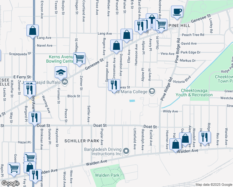 map of restaurants, bars, coffee shops, grocery stores, and more near 57 South Crossman Street in Buffalo
