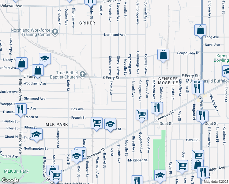 map of restaurants, bars, coffee shops, grocery stores, and more near 56 Ernst Avenue in Buffalo