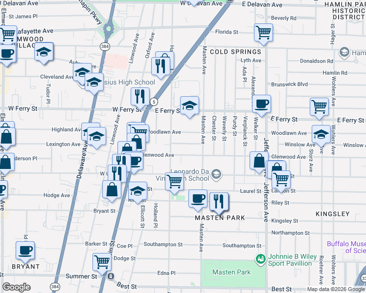 map of restaurants, bars, coffee shops, grocery stores, and more near 34 Emerson Place in Buffalo