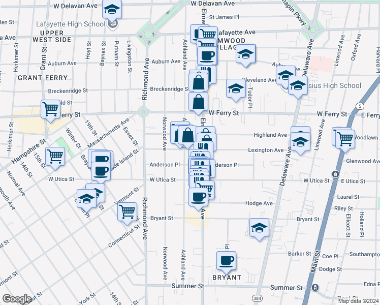 map of restaurants, bars, coffee shops, grocery stores, and more near in Buffalo