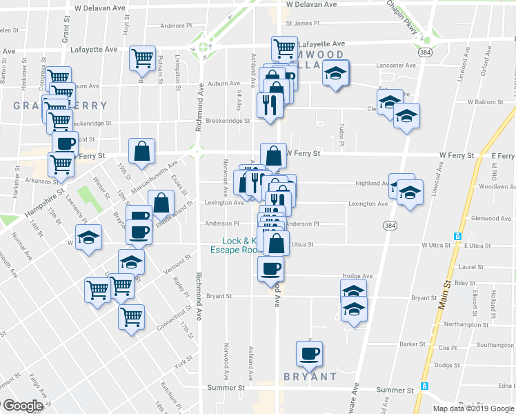 map of restaurants, bars, coffee shops, grocery stores, and more near 318 Ashland Avenue in Buffalo