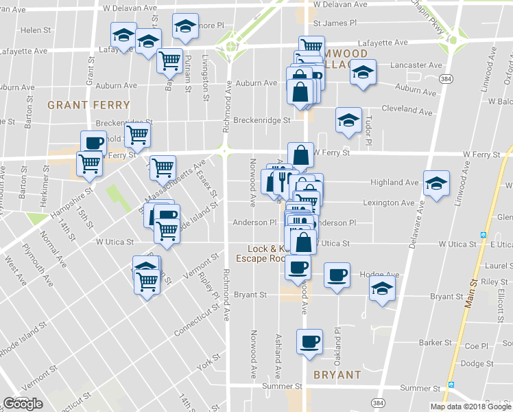 map of restaurants, bars, coffee shops, grocery stores, and more near 318 Norwood Avenue in Buffalo