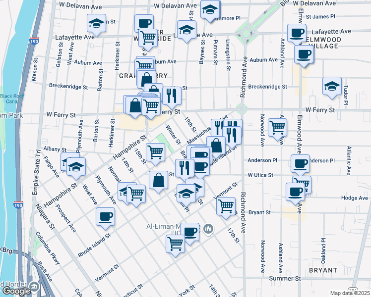 map of restaurants, bars, coffee shops, grocery stores, and more near 429 Massachusetts Avenue in Buffalo
