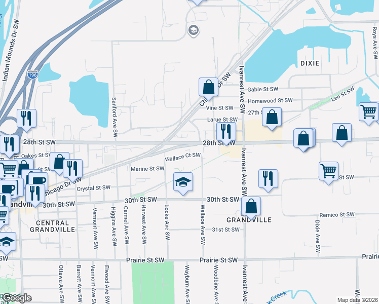 map of restaurants, bars, coffee shops, grocery stores, and more near 3385 28th Street Southwest in Grandville