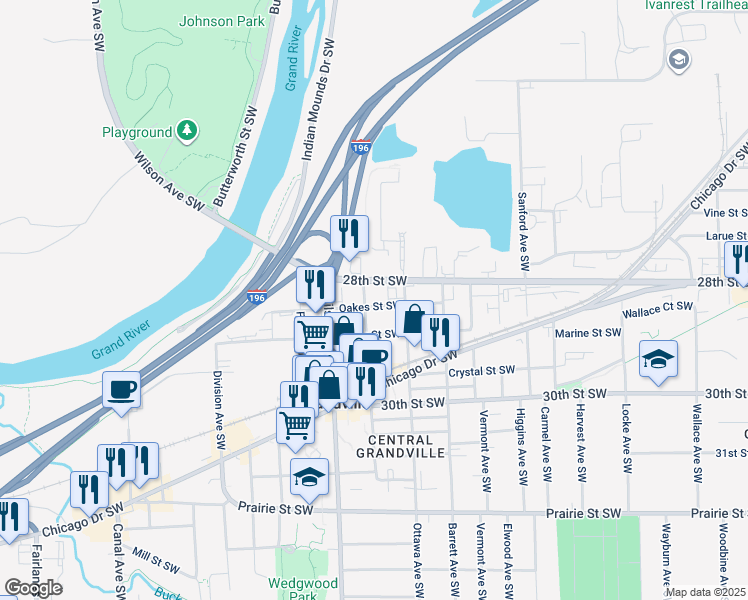 map of restaurants, bars, coffee shops, grocery stores, and more near 3900 28th Street Southwest in Grandville