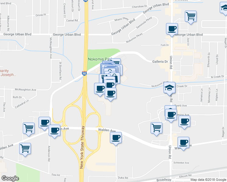 map of restaurants, bars, coffee shops, grocery stores, and more near 3 Walden Galleria in Cheektowaga