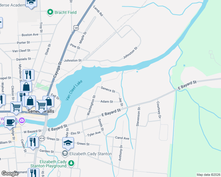 map of restaurants, bars, coffee shops, grocery stores, and more near 19 Seneca Street in Seneca Falls