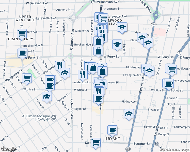 map of restaurants, bars, coffee shops, grocery stores, and more near 218 Lexington Avenue in Buffalo
