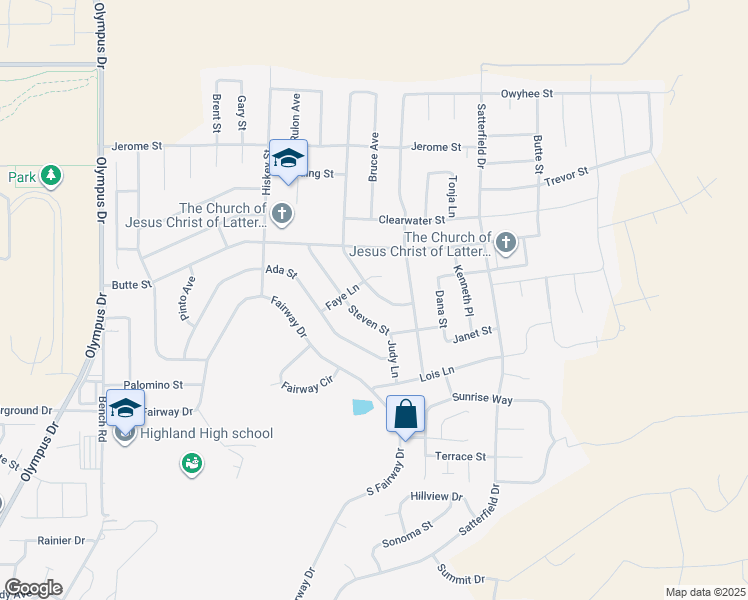 map of restaurants, bars, coffee shops, grocery stores, and more near 2614 Faye Lane in Pocatello