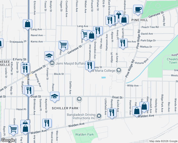 map of restaurants, bars, coffee shops, grocery stores, and more near 57 South Crossman Street in Buffalo