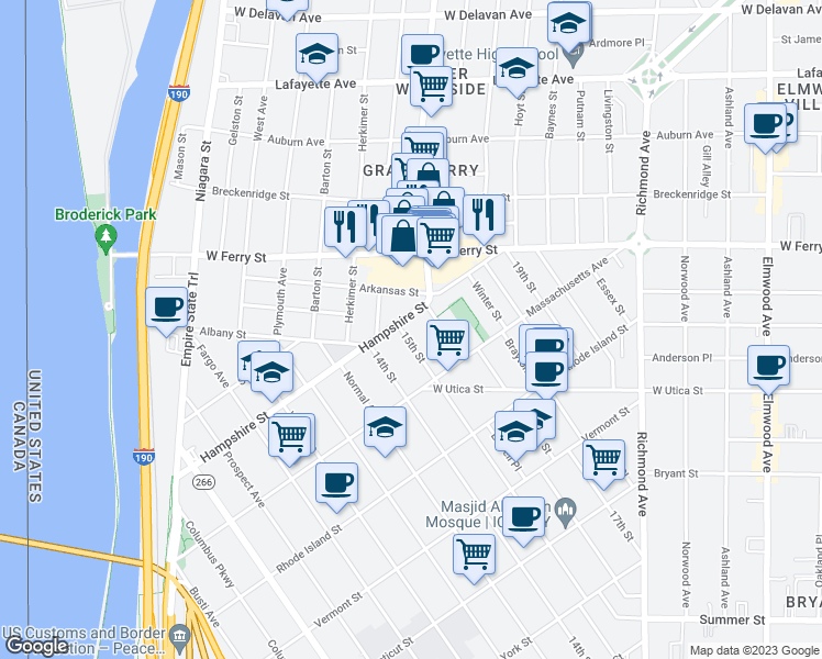 map of restaurants, bars, coffee shops, grocery stores, and more near 333 15th Street in Buffalo