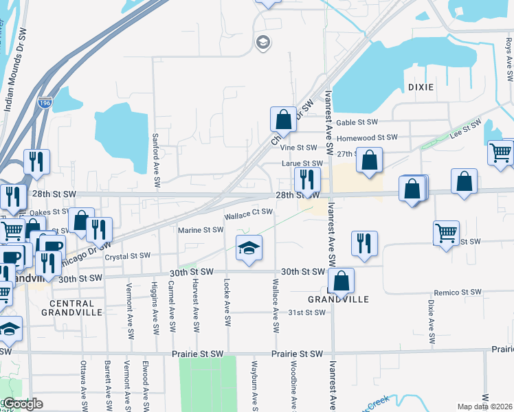 map of restaurants, bars, coffee shops, grocery stores, and more near 3371 Wallace Court Southwest in Grandville