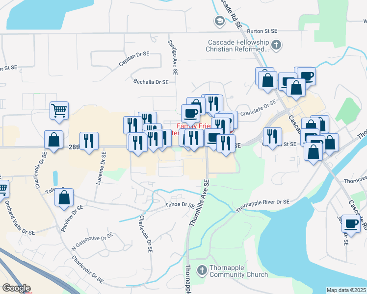 map of restaurants, bars, coffee shops, grocery stores, and more near 6390 28th Street Southeast in Grand Rapids