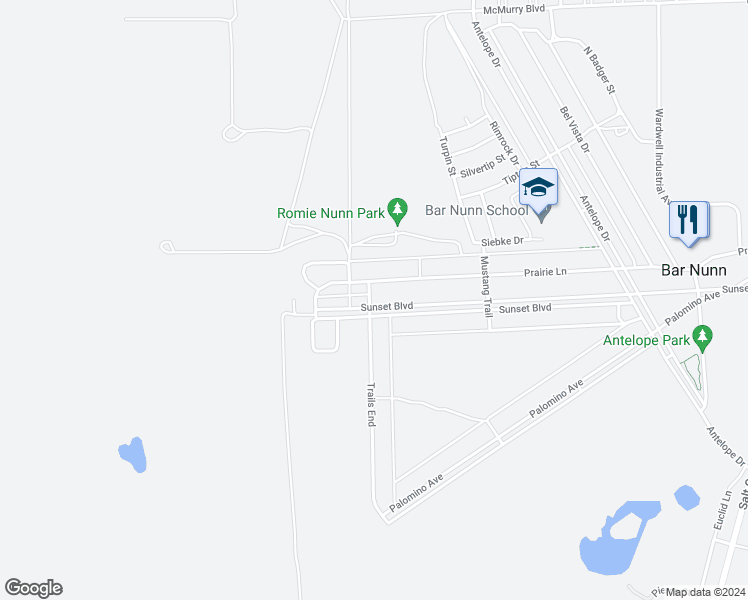 map of restaurants, bars, coffee shops, grocery stores, and more near 2690 Sunset Boulevard in Bar Nunn