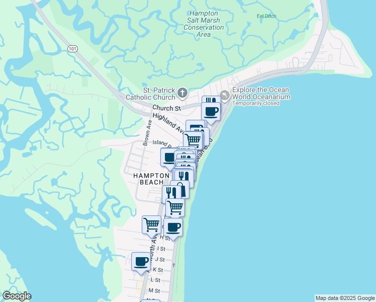 map of restaurants, bars, coffee shops, grocery stores, and more near 10 Nudd Avenue in Hampton