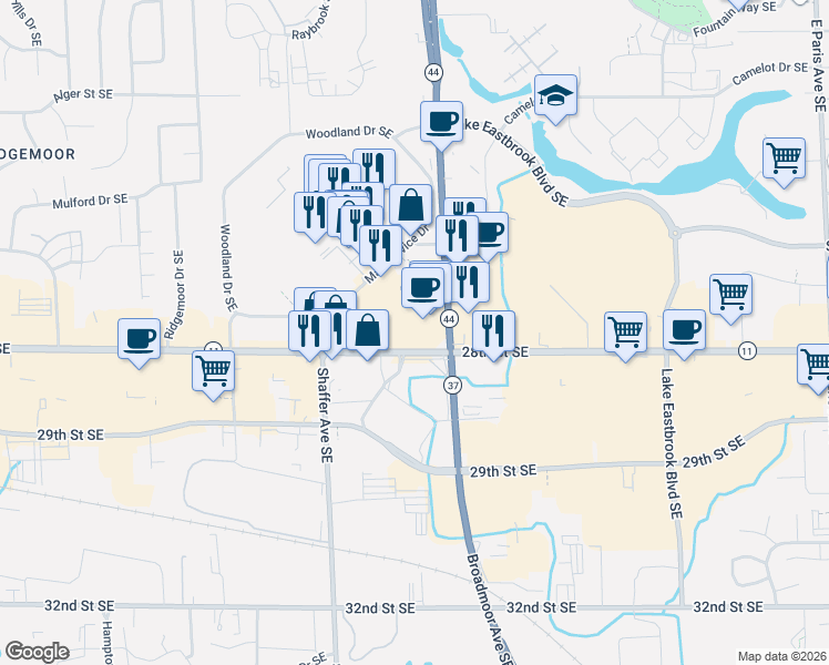 map of restaurants, bars, coffee shops, grocery stores, and more near 3333 28th Street Southeast in Grand Rapids