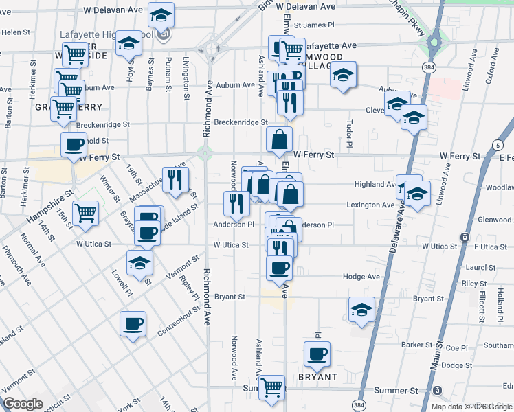 map of restaurants, bars, coffee shops, grocery stores, and more near 318 Ashland Avenue in Buffalo
