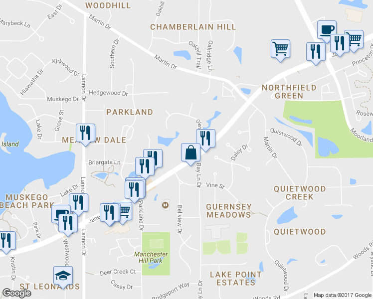 map of restaurants, bars, coffee shops, grocery stores, and more near S72W16450 West Janesville Road in Muskego