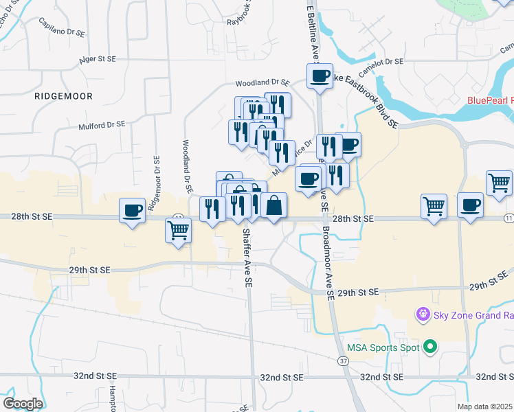 map of restaurants, bars, coffee shops, grocery stores, and more near 3205 28th Street Southeast in Kentwood
