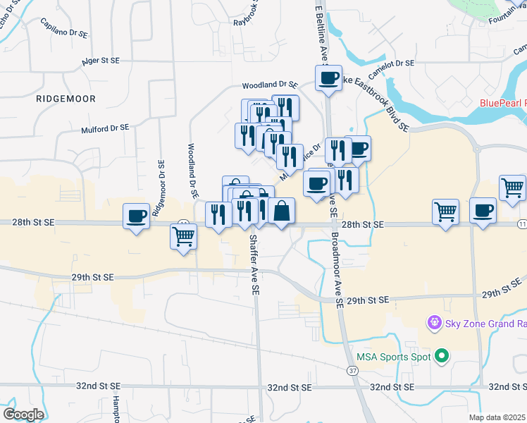 map of restaurants, bars, coffee shops, grocery stores, and more near 3205 28th Street Southeast in Kentwood
