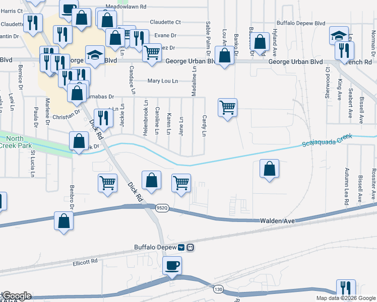 map of restaurants, bars, coffee shops, grocery stores, and more near 21 Madaline Lane in Depew