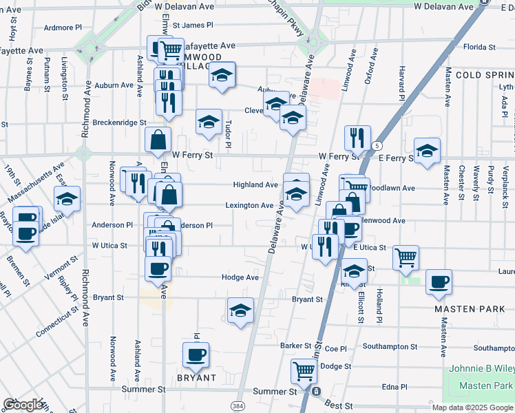 map of restaurants, bars, coffee shops, grocery stores, and more near 41 Lexington Avenue in Buffalo