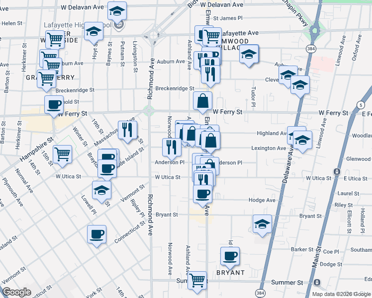 map of restaurants, bars, coffee shops, grocery stores, and more near 318 Ashland Avenue in Buffalo