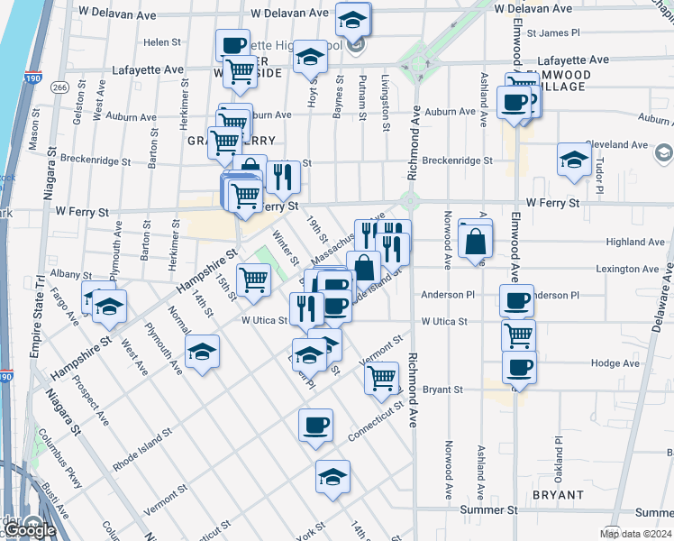 map of restaurants, bars, coffee shops, grocery stores, and more near 45 19th Street in Buffalo