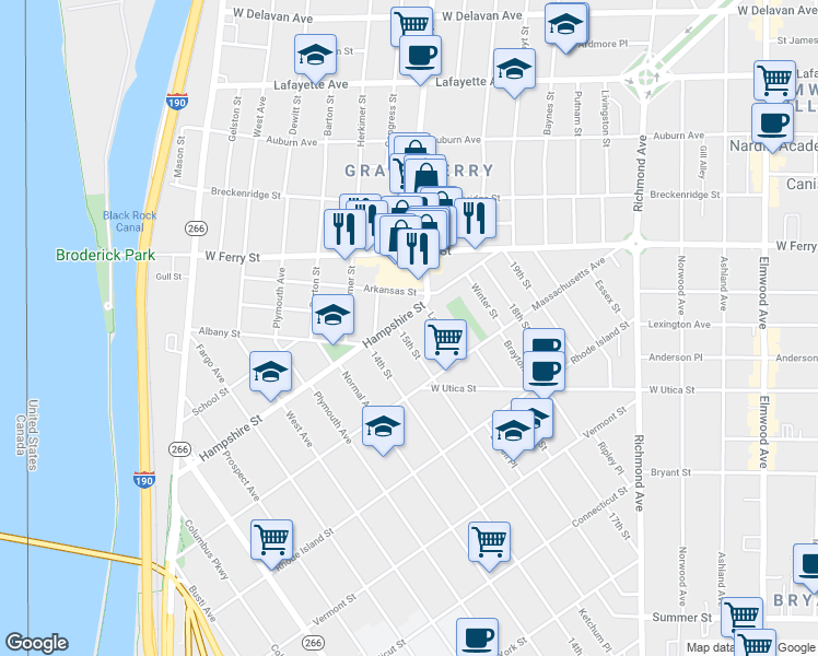 map of restaurants, bars, coffee shops, grocery stores, and more near 291 Hampshire Street in Buffalo