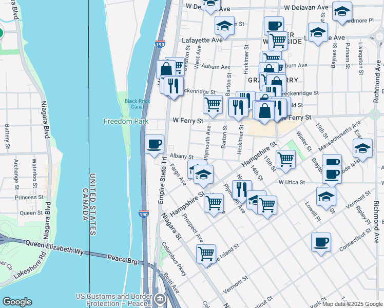 map of restaurants, bars, coffee shops, grocery stores, and more near 13 California Street in Buffalo