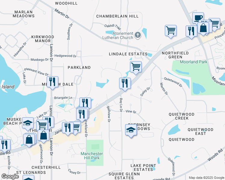 map of restaurants, bars, coffee shops, grocery stores, and more near S72W16450 West Janesville Road in Muskego