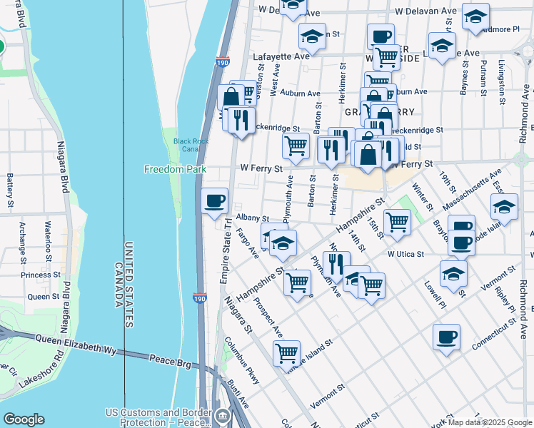 map of restaurants, bars, coffee shops, grocery stores, and more near 13 California Street in Buffalo
