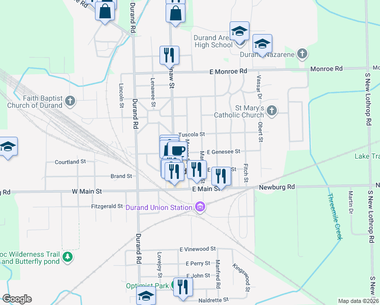 map of restaurants, bars, coffee shops, grocery stores, and more near 303 Mercer Street in Durand