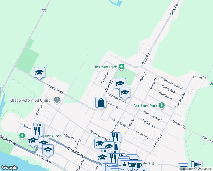 map of restaurants, bars, coffee shops, grocery stores, and more near 920 John Street in Haldimand County