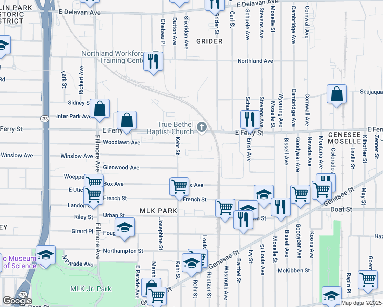 map of restaurants, bars, coffee shops, grocery stores, and more near 582 Winslow Avenue in Buffalo