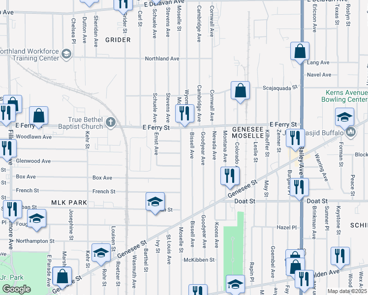 map of restaurants, bars, coffee shops, grocery stores, and more near 360 Bissell Avenue in Buffalo