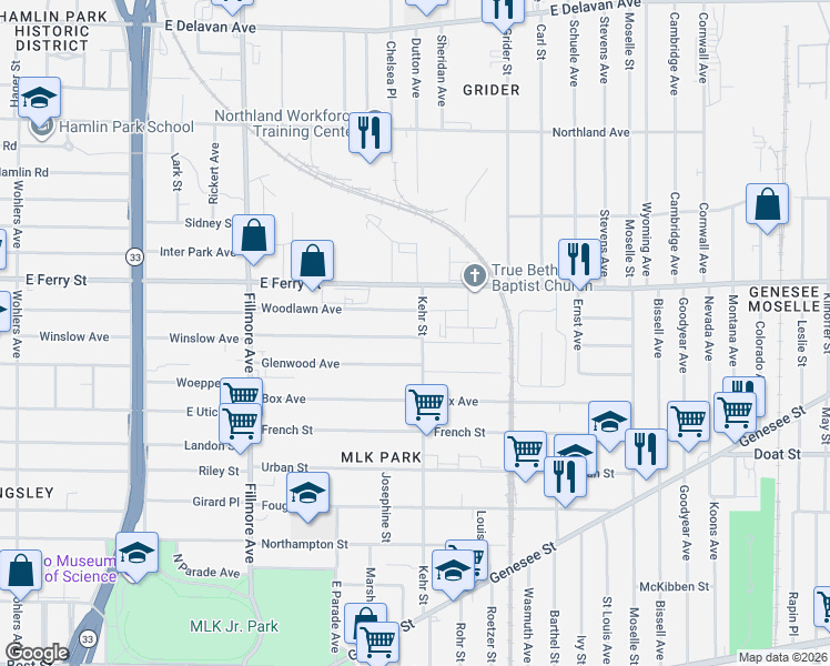 map of restaurants, bars, coffee shops, grocery stores, and more near 298 Kehr Street in Buffalo