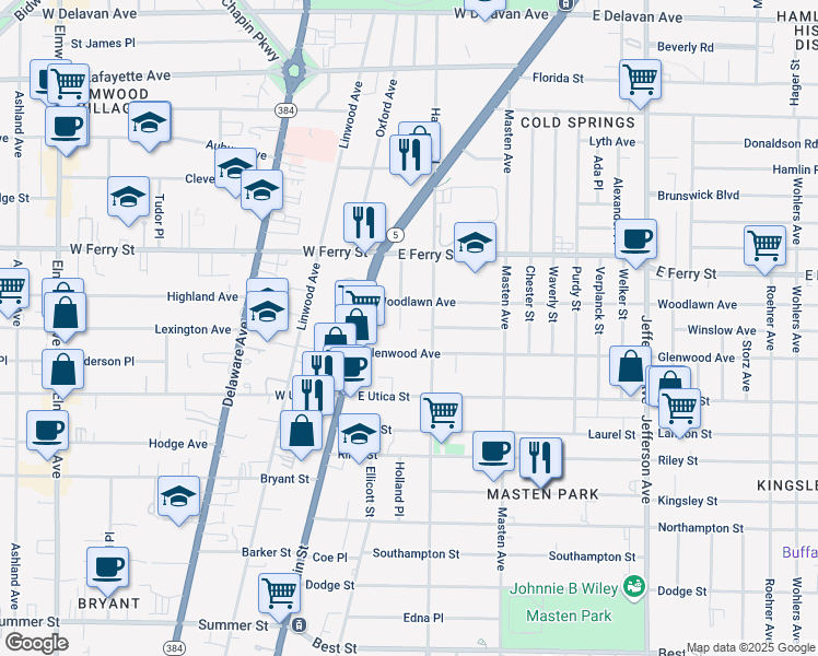 map of restaurants, bars, coffee shops, grocery stores, and more near in Buffalo