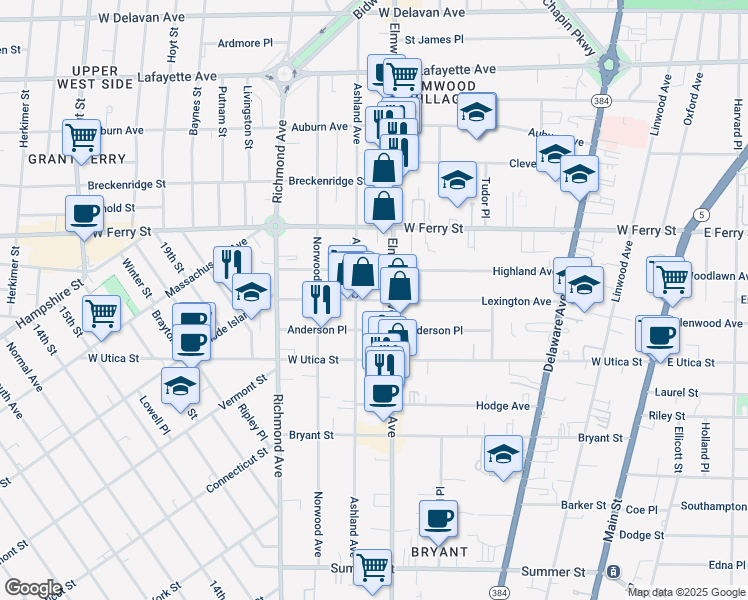 map of restaurants, bars, coffee shops, grocery stores, and more near in Buffalo