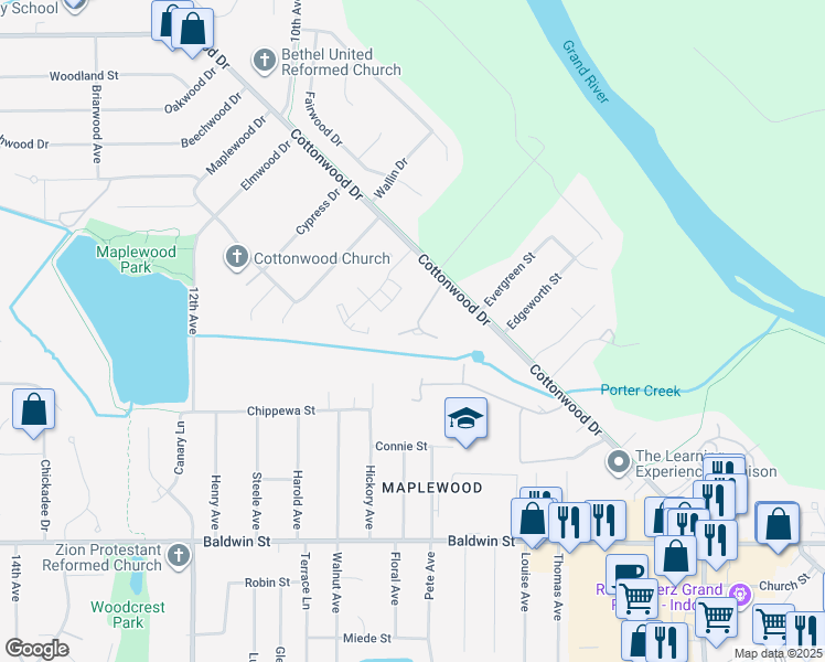 map of restaurants, bars, coffee shops, grocery stores, and more near 8001 Cottonwood Drive in Georgetown Township