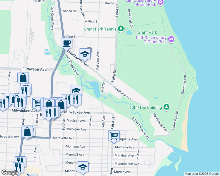 map of restaurants, bars, coffee shops, grocery stores, and more near 507 Hawthorne Avenue in South Milwaukee