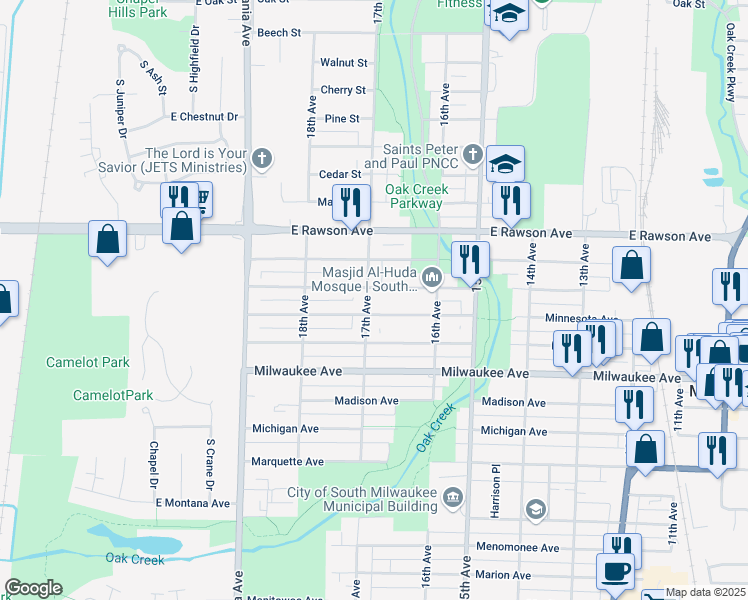 map of restaurants, bars, coffee shops, grocery stores, and more near 1641 Manitoba Avenue in South Milwaukee