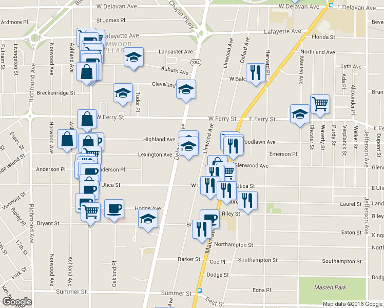 map of restaurants, bars, coffee shops, grocery stores, and more near 392 Linwood Avenue in Buffalo