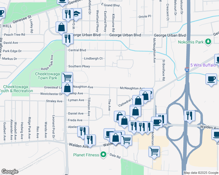 map of restaurants, bars, coffee shops, grocery stores, and more near 2 The Avenue in Cheektowaga