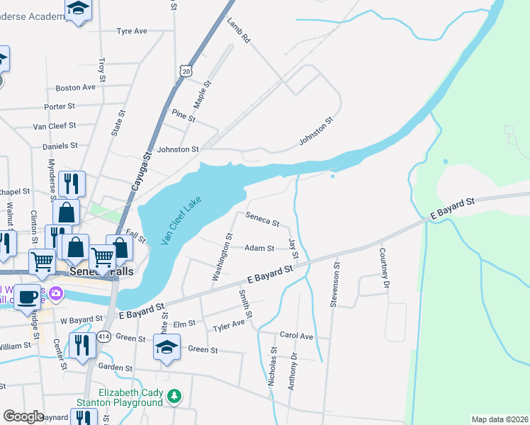 map of restaurants, bars, coffee shops, grocery stores, and more near 21 Seneca Street in Seneca Falls